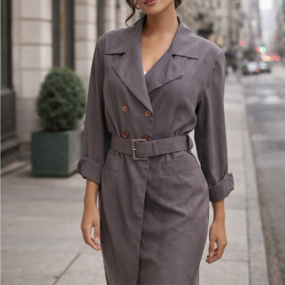 Elegant Gray Silk Belted Trench Coat